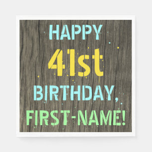 Faux Wood, Painted Text Look, 41st Birthday + Name Napkin