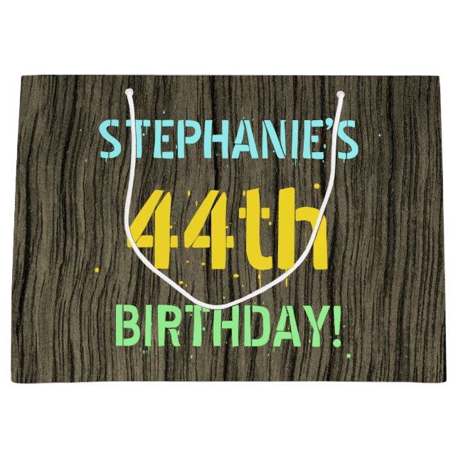 Faux Wood, Painted Text Look, 44th Birthday + Name Large Gift Bag (Front)