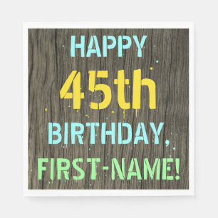 Faux Wood, Painted Text Look, 45th Birthday + Name Napkin