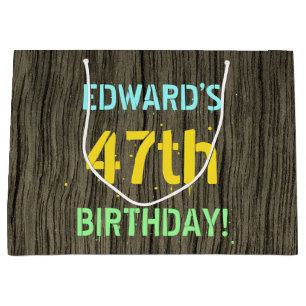 Faux Wood, Painted Text Look, 47th Birthday + Name Large Gift Bag