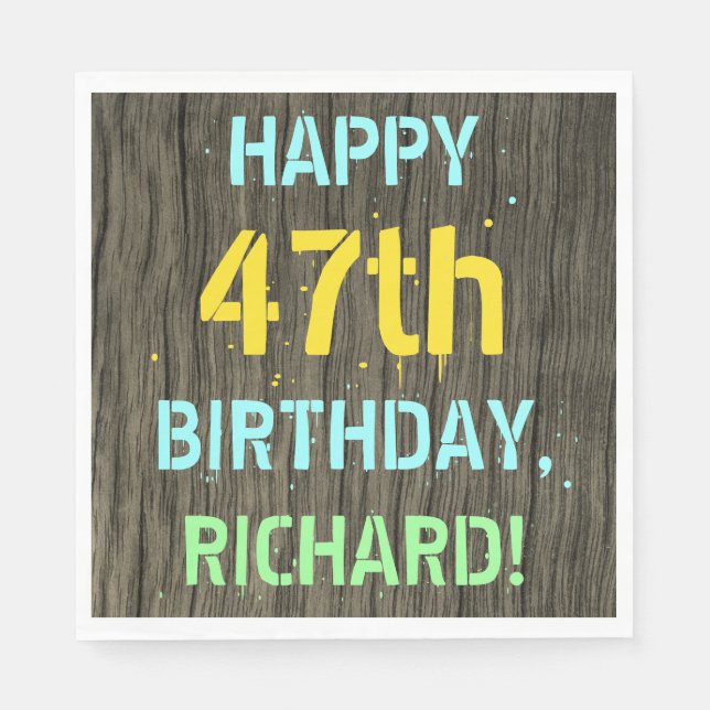 Faux Wood, Painted Text Look, 47th Birthday + Name Napkin (Front)