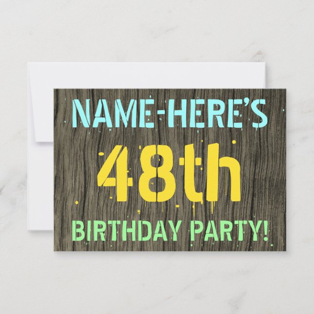 Faux Wood, Painted Text Look, 48th Birthday + Name Invitation (Front)