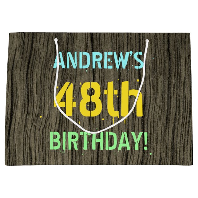 Faux Wood, Painted Text Look, 48th Birthday + Name Large Gift Bag (Front)