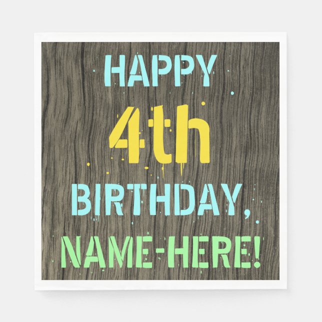 Faux Wood, Painted Text Look, 4th Birthday + Name Napkin (Front)