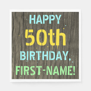 Faux Wood, Painted Text Look, 50th Birthday + Name Napkin
