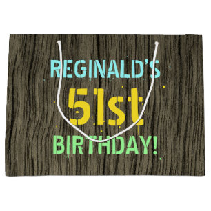 Faux Wood, Painted Text Look, 51st Birthday + Name Large Gift Bag
