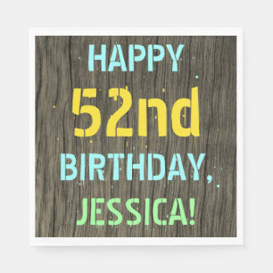 Faux Wood, Painted Text Look, 52nd Birthday + Name Napkin