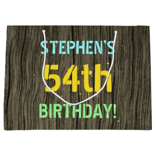 Faux Wood, Painted Text Look, 54th Birthday + Name Large Gift Bag