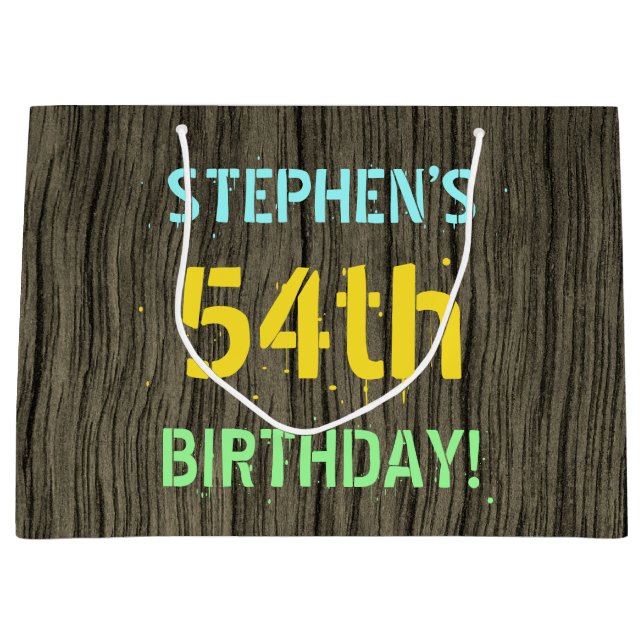 Faux Wood, Painted Text Look, 54th Birthday + Name Large Gift Bag (Front)
