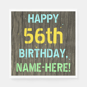 Faux Wood, Painted Text Look, 56th Birthday + Name Napkin