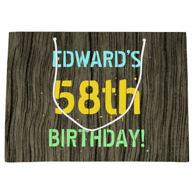 Faux Wood, Painted Text Look, 58th Birthday + Name Large Gift Bag (Front)