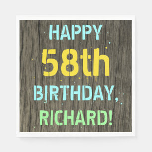 Faux Wood, Painted Text Look, 58th Birthday + Name Napkin