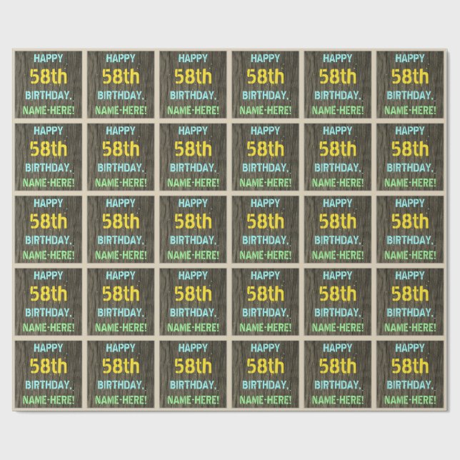 Faux Wood, Painted Text Look, 58th Birthday + Name Wrapping Paper (Flat)