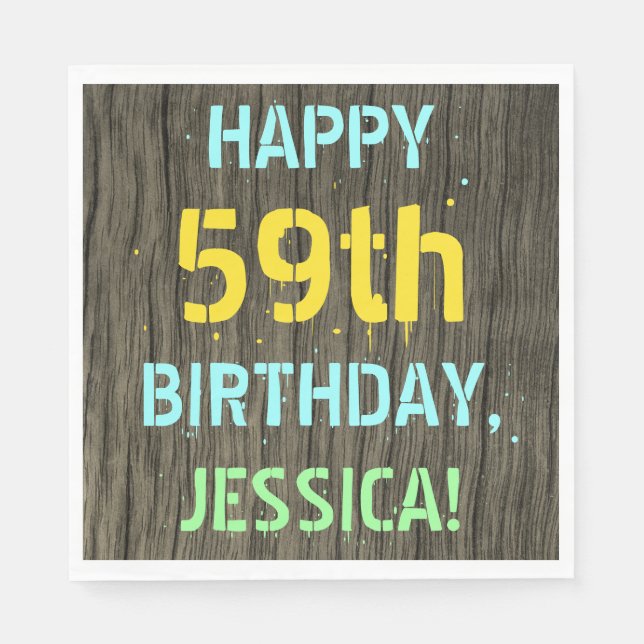 Faux Wood, Painted Text Look, 59th Birthday + Name Napkin (Front)