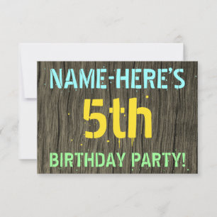 Faux Wood, Painted Text Look, 5th Birthday + Name Invitation