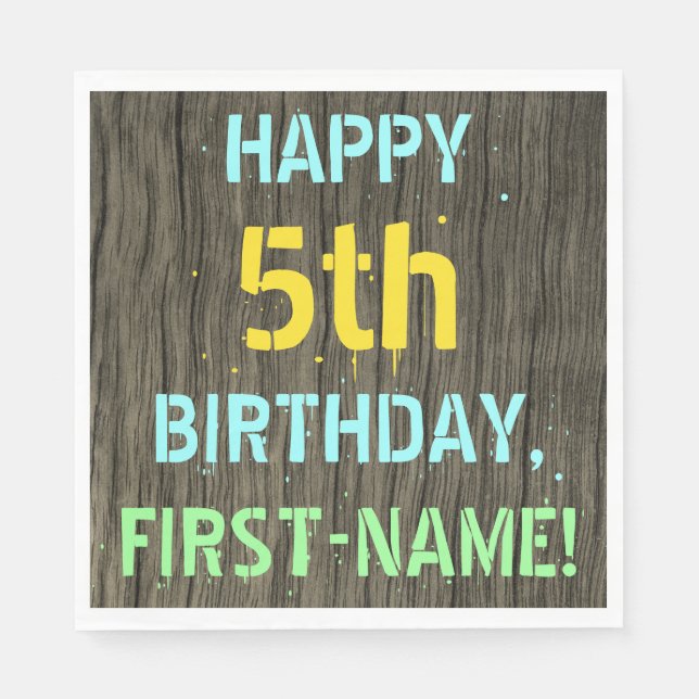 Faux Wood, Painted Text Look, 5th Birthday + Name Napkin (Front)