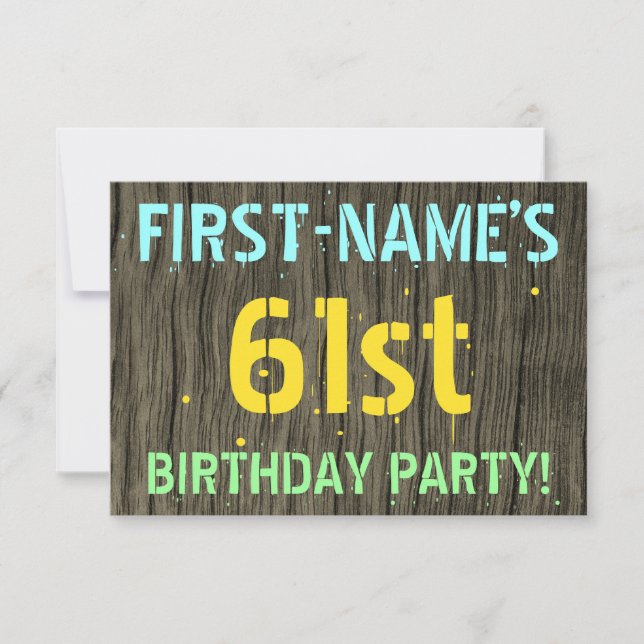 Faux Wood, Painted Text Look, 61st Birthday + Name Invitation (Front)