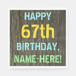 Faux Wood, Painted Text Look, 67th Birthday + Name Napkin