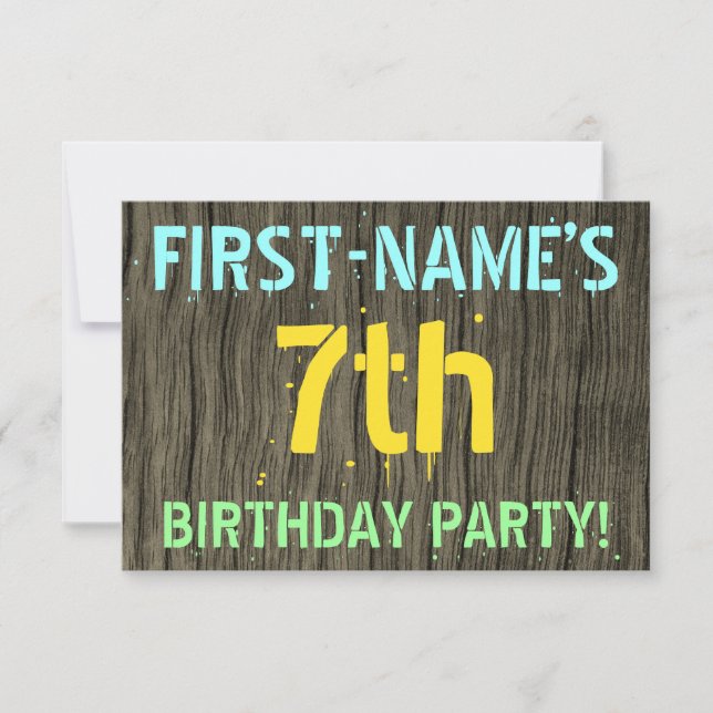 Faux Wood, Painted Text Look, 7th Birthday + Name Invitation (Front)