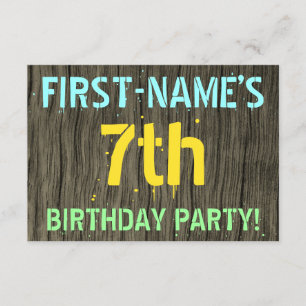 Faux Wood, Painted Text Look, 7th Birthday + Name Invitation