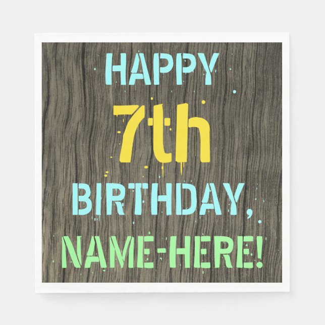 Faux Wood, Painted Text Look, 7th Birthday + Name Napkin (Front)