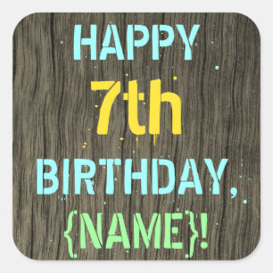 Faux Wood, Painted Text Look, 7th Birthday + Name Square Sticker