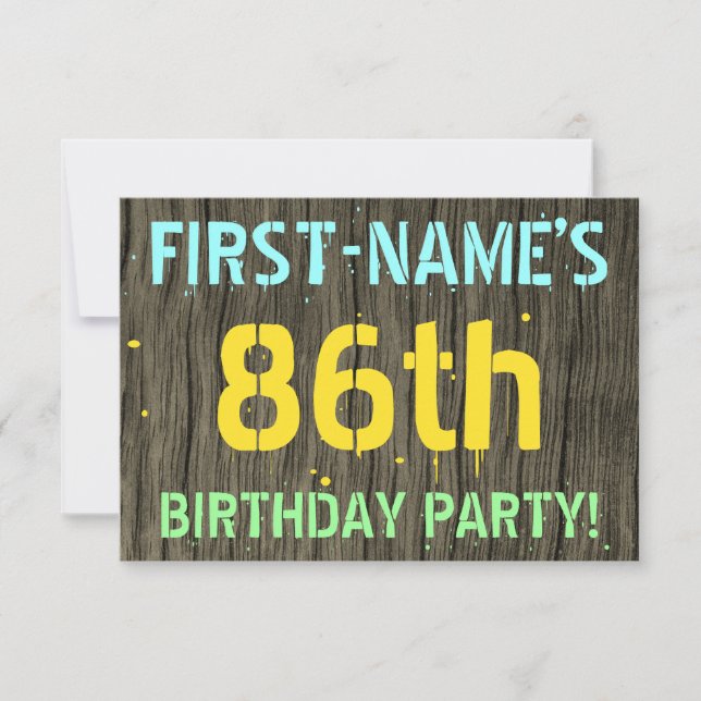 Faux Wood, Painted Text Look, 86th Birthday + Name Invitation (Front)