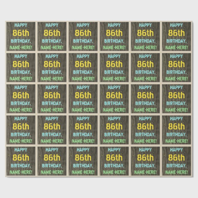 Faux Wood, Painted Text Look, 86th Birthday + Name Wrapping Paper (Flat)