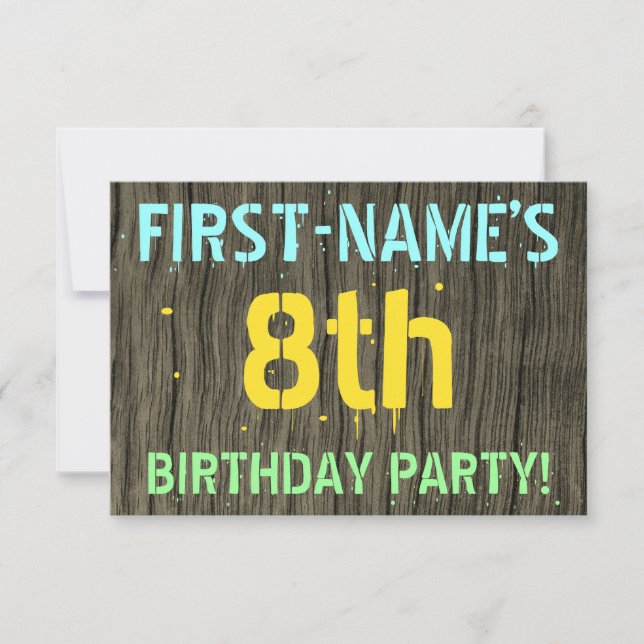 Faux Wood, Painted Text Look, 8th Birthday + Name Invitation (Front)