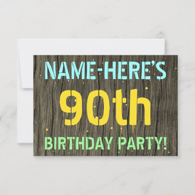 Faux Wood, Painted Text Look, 90th Birthday + Name Invitation (Front)