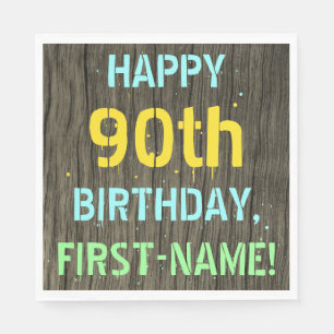 Faux Wood, Painted Text Look, 90th Birthday + Name Napkin