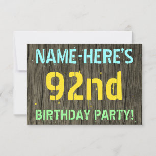 Faux Wood, Painted Text Look, 92nd Birthday + Name Invitation