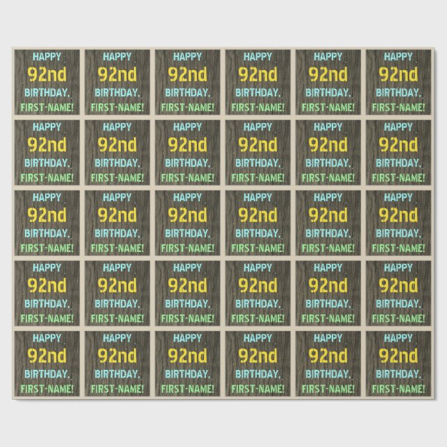 Faux Wood, Painted Text Look, 92nd Birthday + Name Wrapping Paper (Flat)