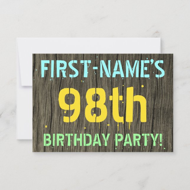 Faux Wood, Painted Text Look, 98th Birthday + Name Invitation (Front)