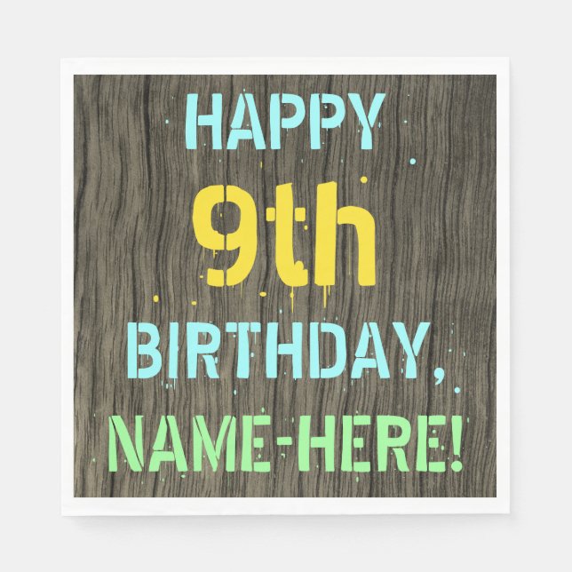 Faux Wood, Painted Text Look, 9th Birthday + Name Napkin (Front)