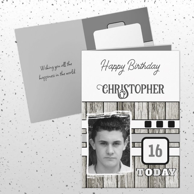 Faux wood rustic 16th grey photo birthday card (Creator Uploaded)