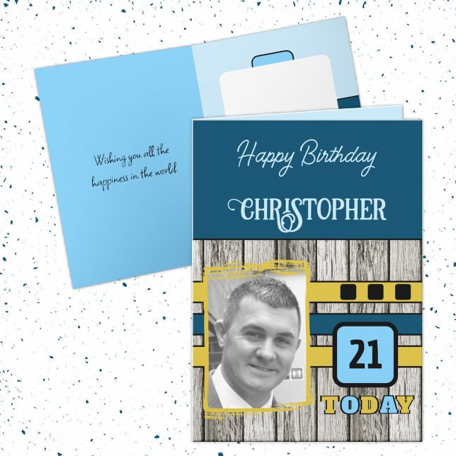 Faux wood rustic 21st blue photo birthday card (Creator Uploaded)