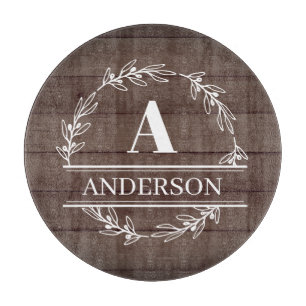 Faux Wood Rustic Wreath Family Name Monogram Cutting Board