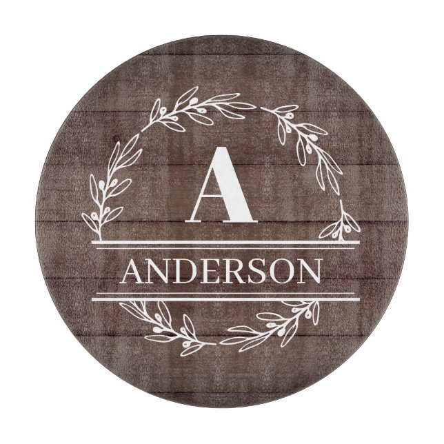 Faux Wood Rustic Wreath Family Name Monogram Cutting Board (Front)