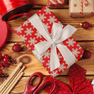 Faux Wood Snowflake Pattern On Solid Red Wrapping Paper
