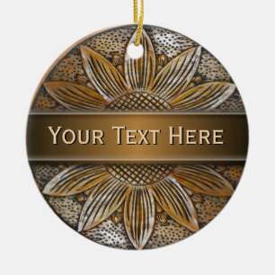 Faux Wood Sunflower Photo Ceramic Round Ornaments