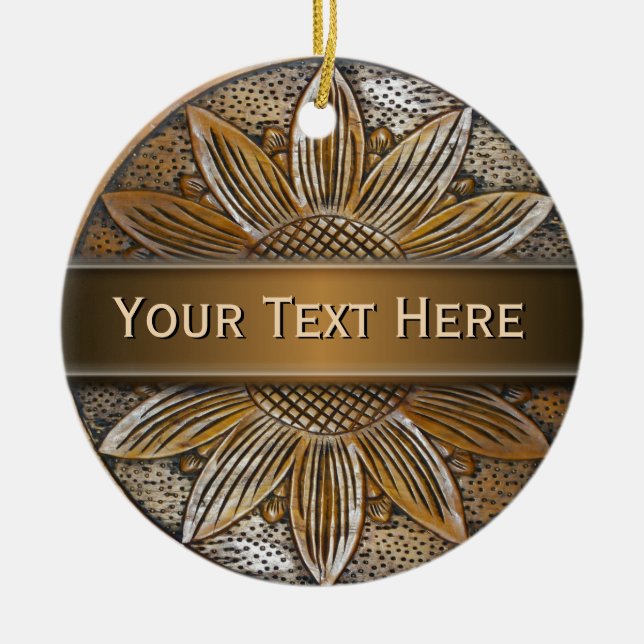 Faux Wood Sunflower Photo Ceramic Round Ornaments (Front)