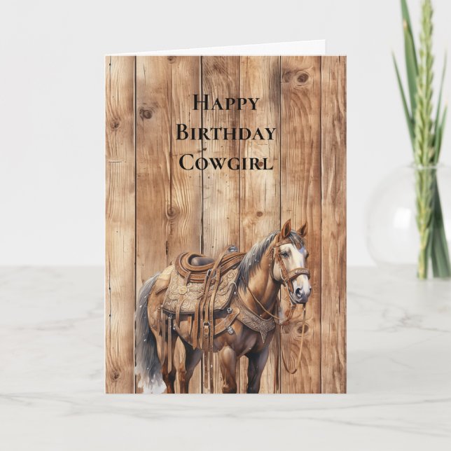 Faux Wood Western Cowboy Cowgirl Horse Birthday Card (Front)