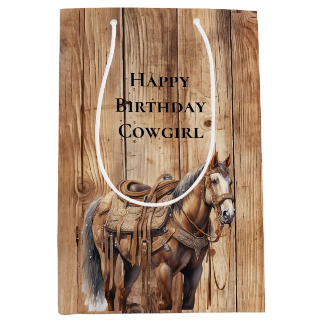 Faux Wood Western Cowboy Cowgirl Horse Birthday Medium Gift Bag (Front)