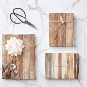 Faux Wood Western Cowboy Cowgirl Horse Birthday Wrapping Paper Sheet