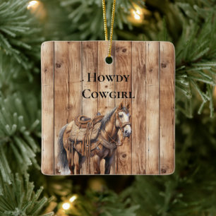 Faux Wood Western Cowboy Cowgirl Horse Christmas Ceramic Ornament