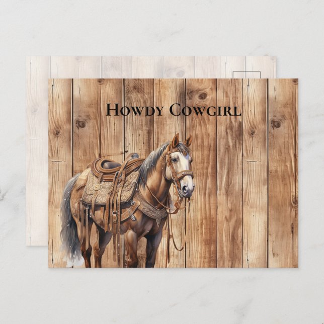 Faux Wood Western Cowboy Cowgirl Horse  Howdy Postcard (Front/Back)