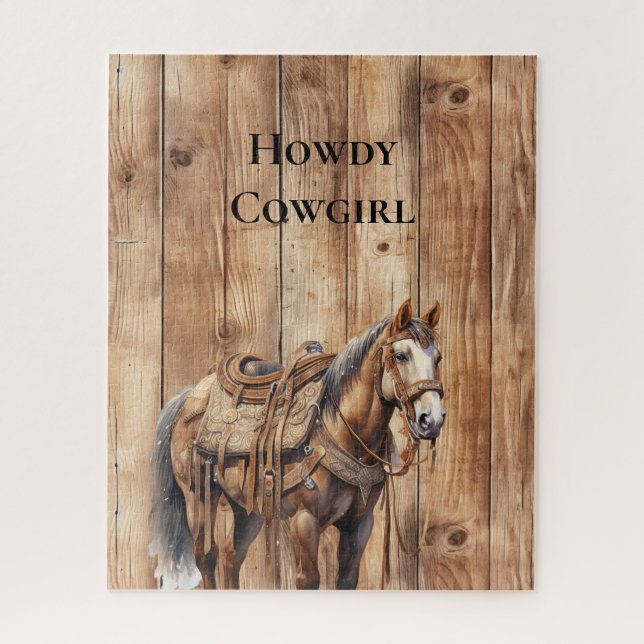 Faux Wood Western Cowboy Cowgirl Horse  Jigsaw Puzzle (Vertical)