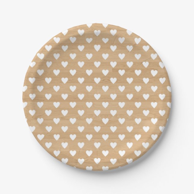 Faux Wood | White Hearts Pattern Paper Plate (Front)