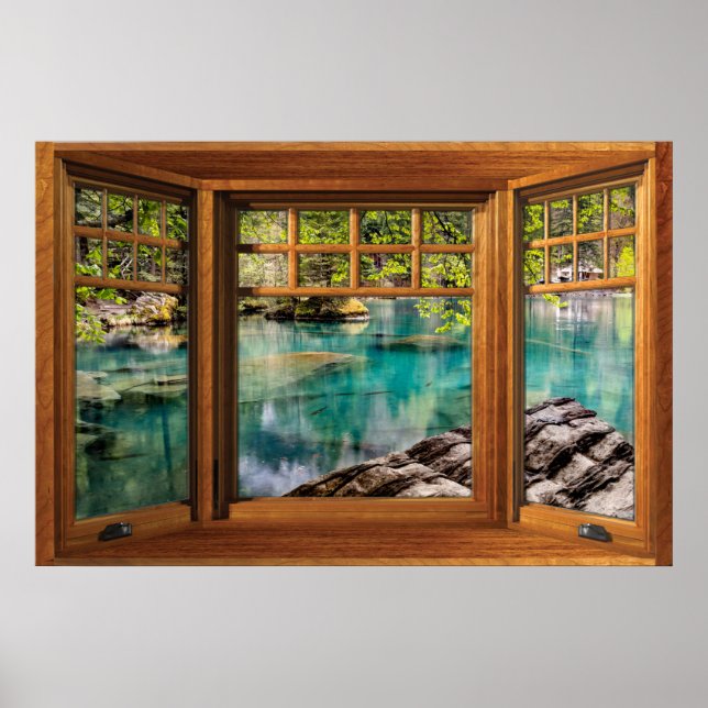 Faux Wooden Bow Window Illusion - Calming Lake Poster (Front)